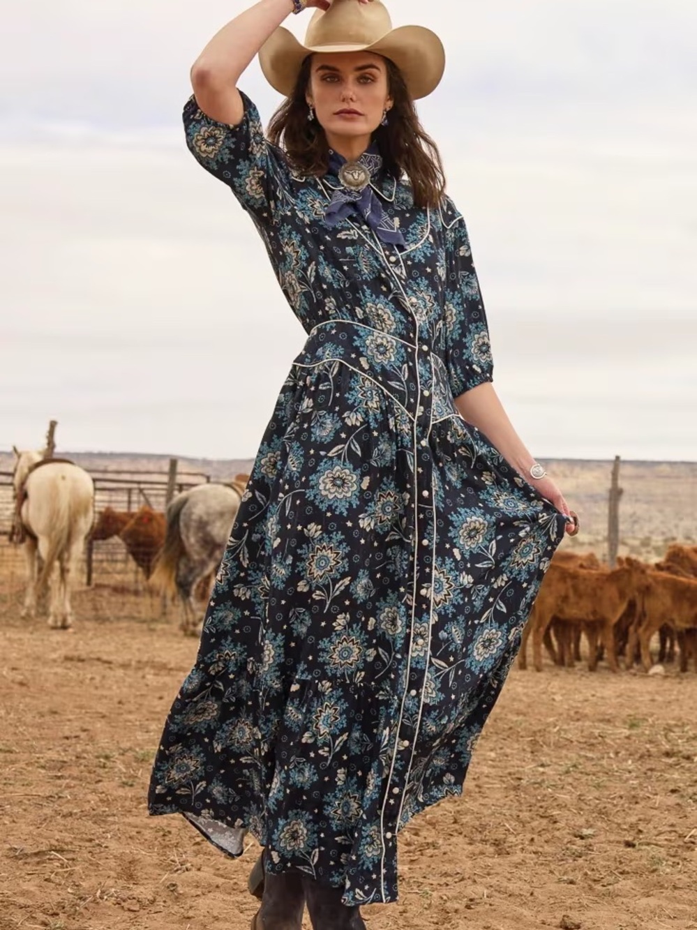 Double D Ranch Navy Floral Maxi Dress with Cream Piping